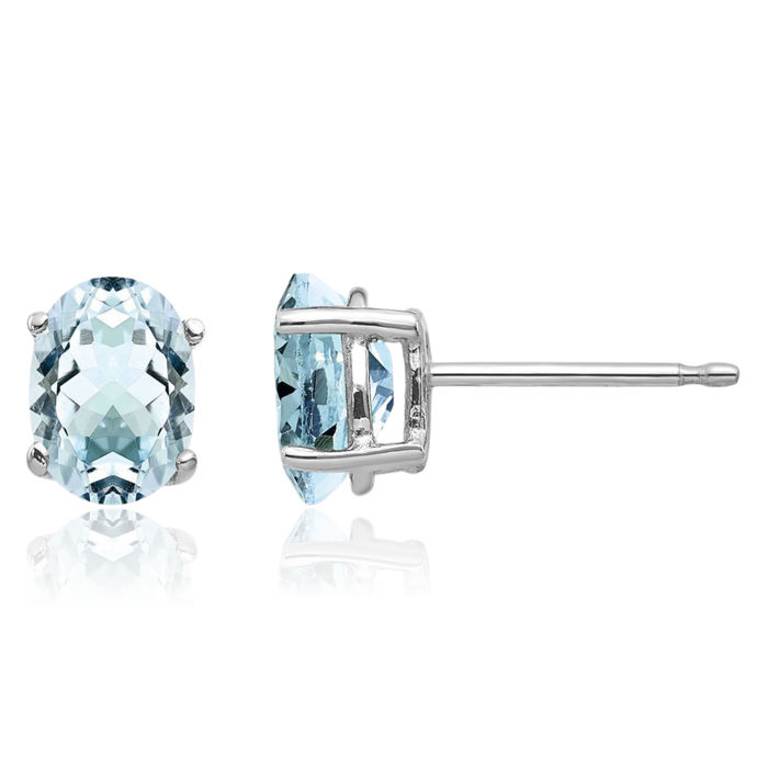 14K Solid White Gold Blue Aquamarine Studs Gemstone Solitaire Earrings March Birthstone Jewelry