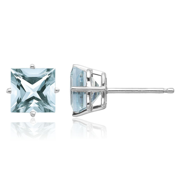 14K Solid White Gold Blue Aquamarine Studs Gemstone Solitaire Earrings March Birthstone Jewelry