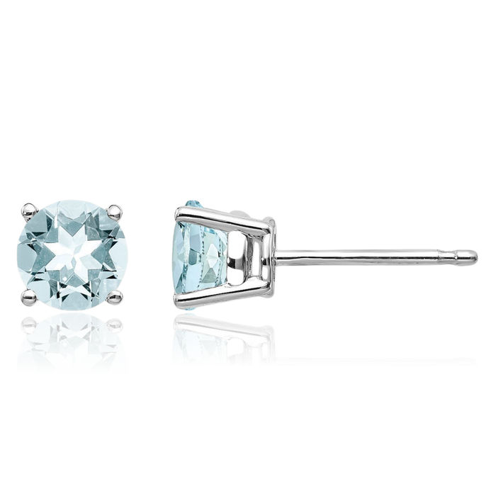 14K Solid White Gold Blue Aquamarine Studs Gemstone Solitaire Earrings March Birthstone Jewelry