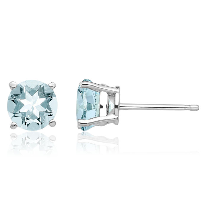14K Solid White Gold Blue Aquamarine Studs Gemstone Solitaire Earrings March Birthstone Jewelry