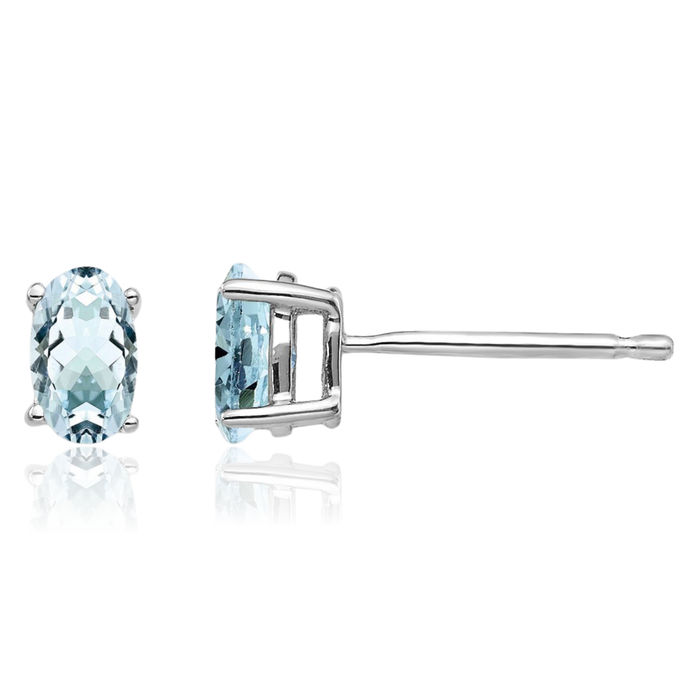 14K Solid White Gold Blue Aquamarine Studs Gemstone Solitaire Earrings March Birthstone Jewelry