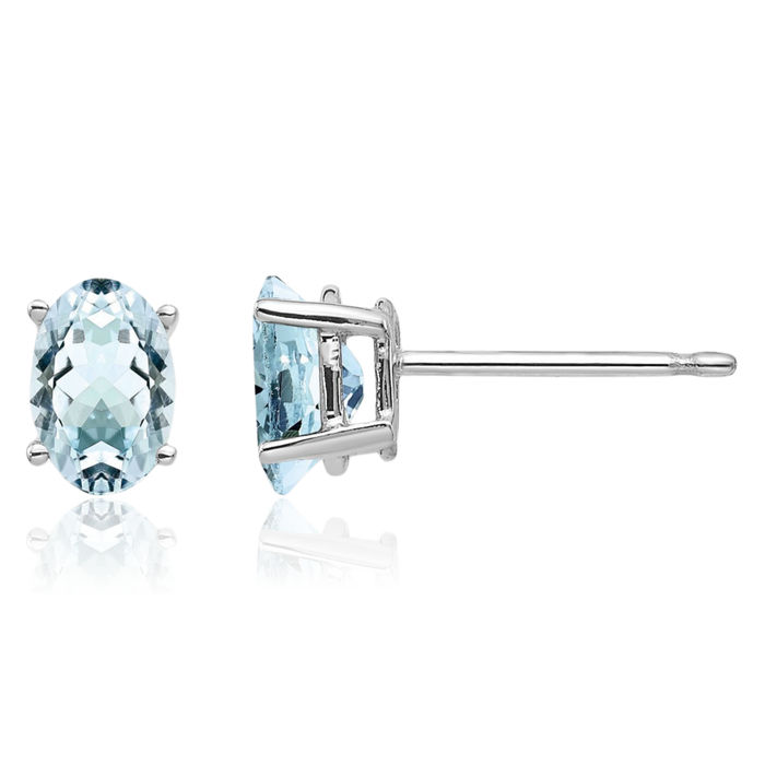 14K Solid White Gold Blue Aquamarine Studs Gemstone Solitaire Earrings March Birthstone Jewelry