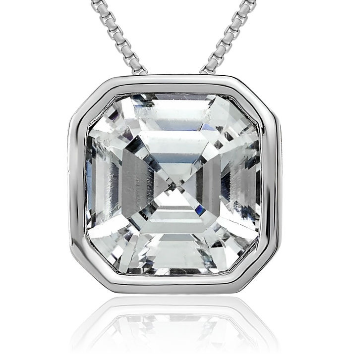 14K Solid White Gold Asscher Moissanite Floating Chain Slide Pendant Necklace Charm