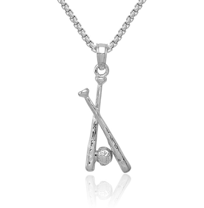 14K Solid White Gold Back Bats Baseball Necklace Softball Charm Sports Pendant