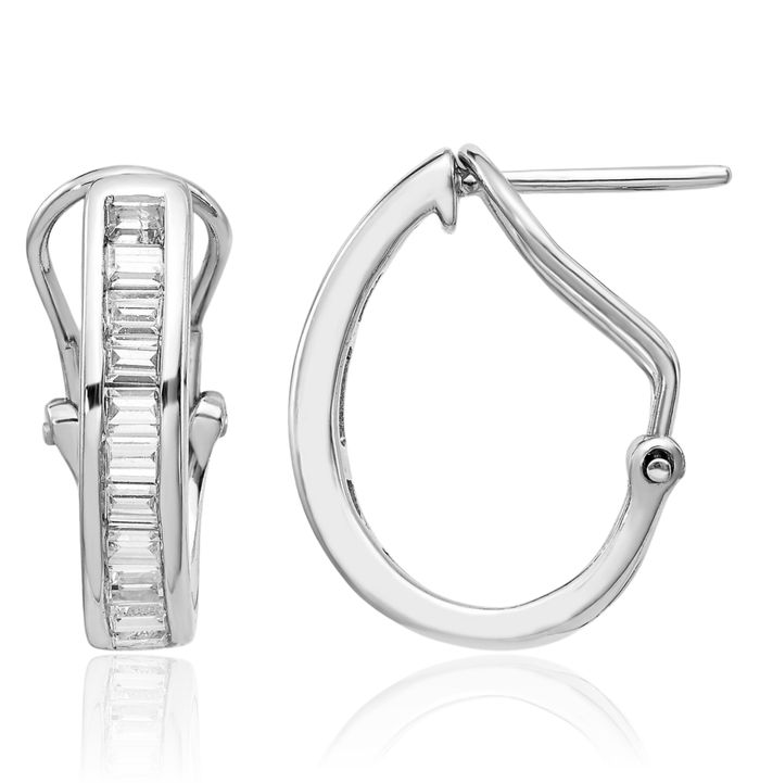 14K Solid White Gold Baguette Diamond Omega Clip Back Post Small Hoop Earrings