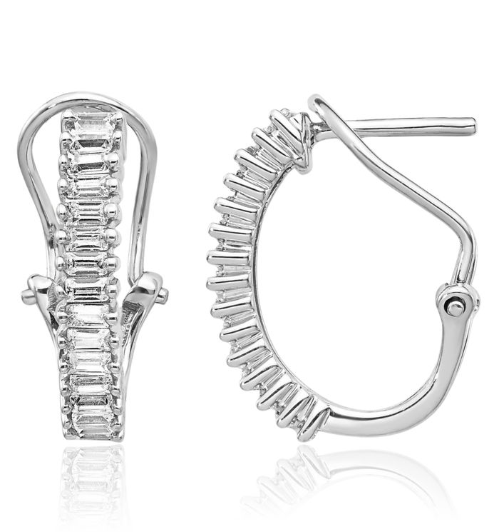14K Solid White Gold Baguette Diamond Omega Clip Back Post Small Hoop Earrings