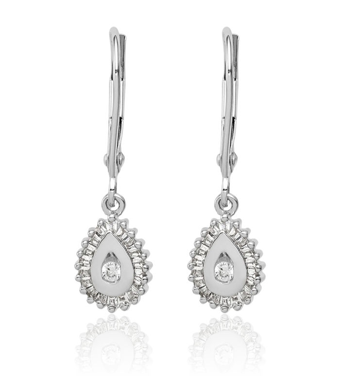 14K Solid White Gold Baguette Diamond Teardrop Halo Round Drop Dangle Earrings