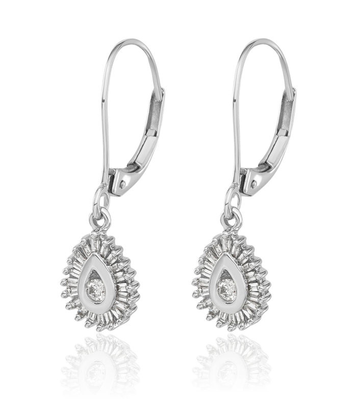 14K Solid White Gold Baguette Diamond Teardrop Halo Round Drop Dangle Earrings