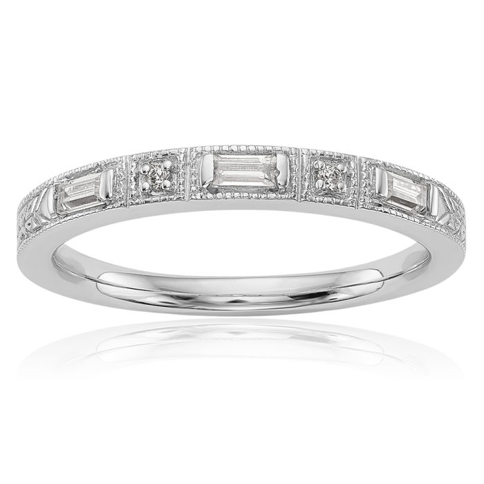 14K Solid White Gold Baguette/round Diamond Wedding Band Ring