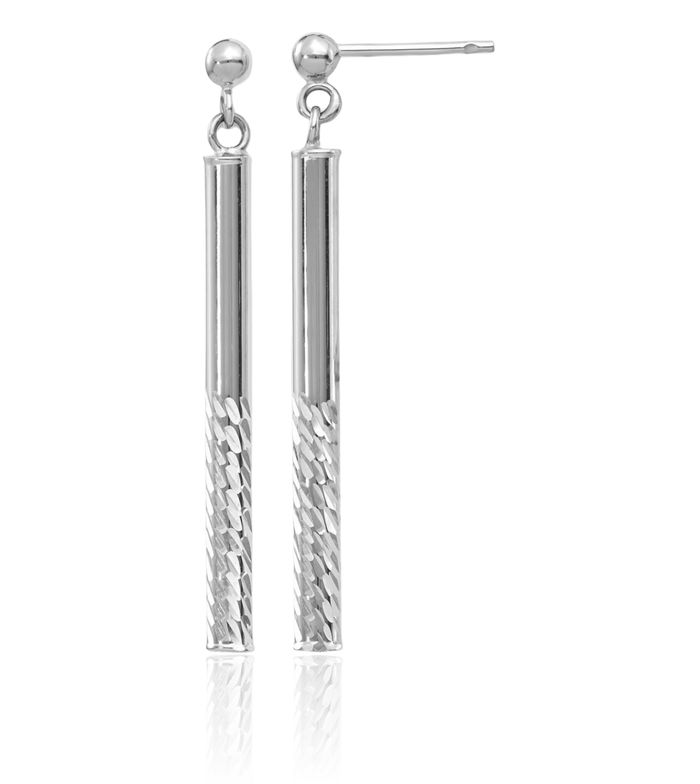 14K Solid White Gold Bar Drop Dangle Line Stud Earrings