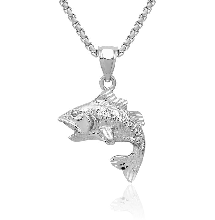 14K Solid White Gold Bass Fish Necklace Chain Pendant Charm