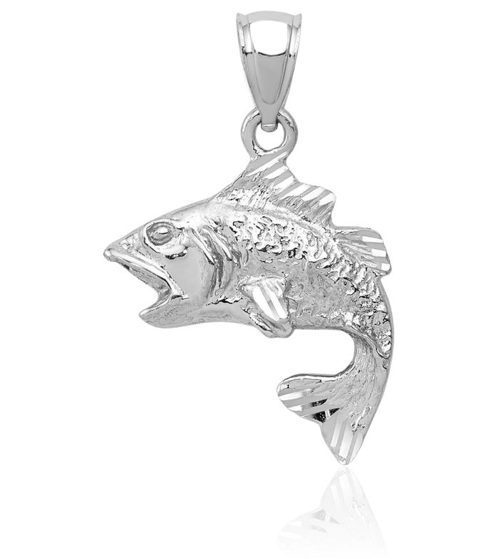 14K Solid White Gold Bass Fish Necklace Chain Pendant Charm