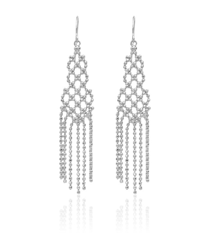 14K Solid White Gold Beaded Drop Dangle Earrings