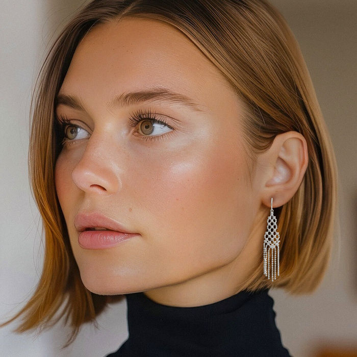 14K Solid White Gold Beaded Drop Dangle Earrings
