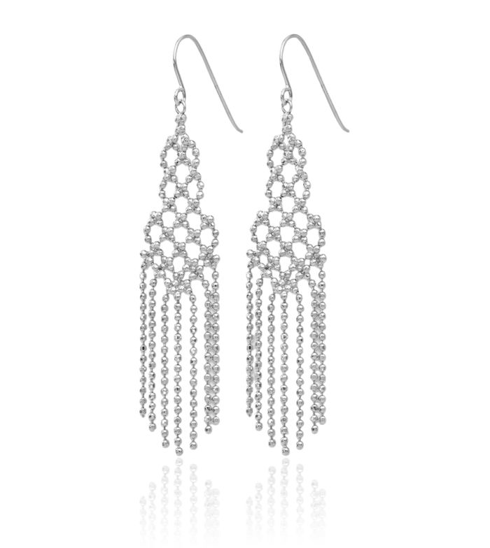 14K Solid White Gold Beaded Drop Dangle Earrings