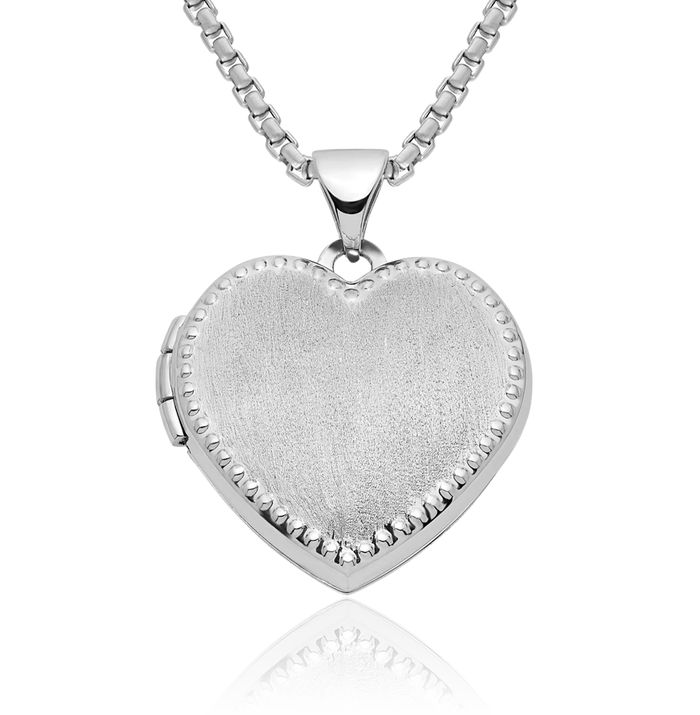 14K Solid White Gold Beaded Edge Heart Personalized Photo Locket Necklace Picture Pendant Charm