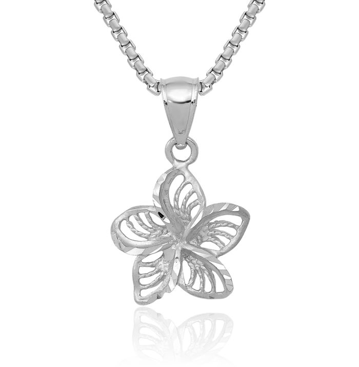 14K Solid White Gold Beaded Hawaiian Plumeria Flower Necklace Chain Pendant Charm