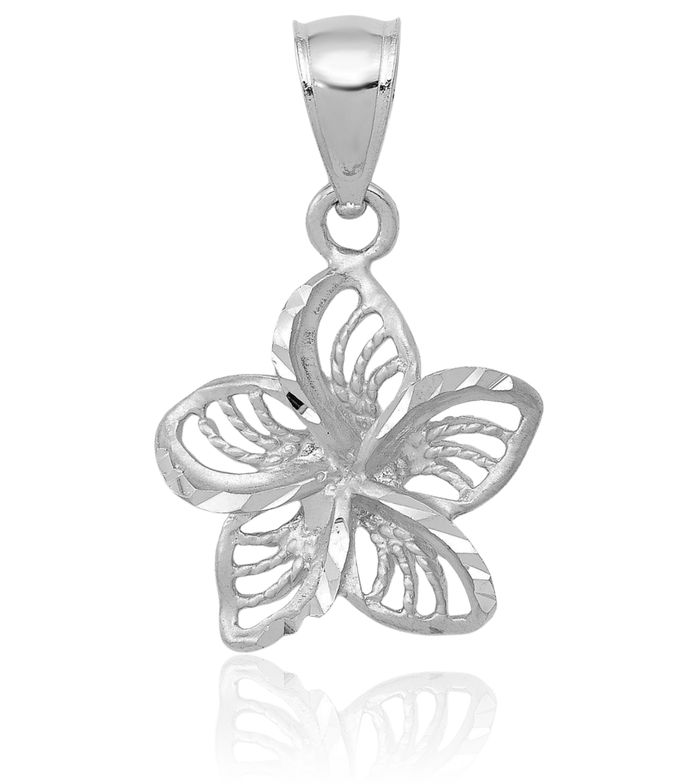 14K Solid White Gold Beaded Hawaiian Plumeria Flower Necklace Chain Pendant Charm