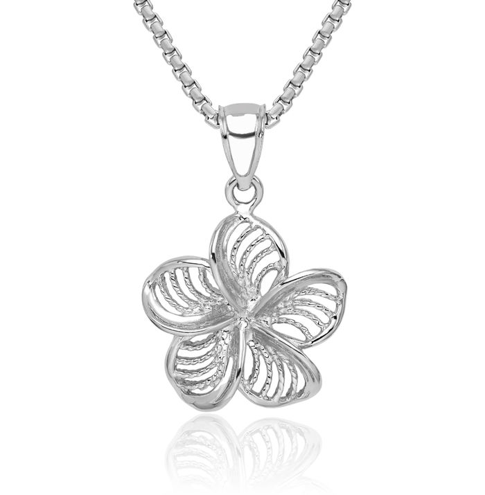 14K Solid White Gold Beaded Hawaiian Plumeria Flower Necklace Chain Pendant Charm