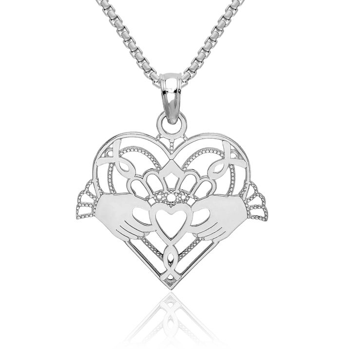 14K Solid White Gold Beaded Heart Irish Claddagh Necklace Celtic Charm Pendant Jewelry