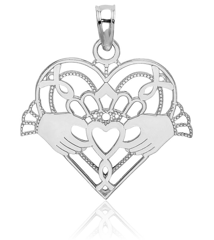 14K Solid White Gold Beaded Heart Irish Claddagh Necklace Celtic Charm Pendant Jewelry