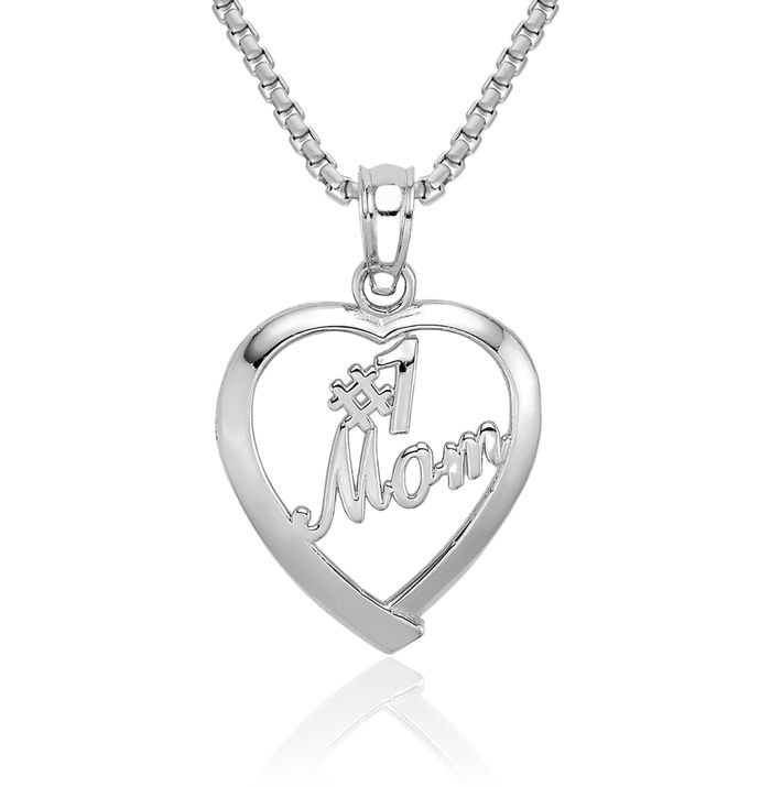 14K Solid White Gold Best Mom Heart Necklace Mama Charm Mother Pendant