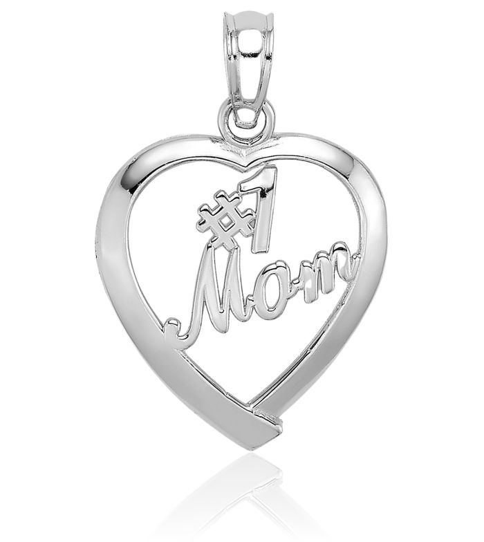 14K Solid White Gold Best Mom Heart Necklace Mama Charm Mother Pendant