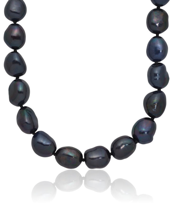 14K Solid White Gold Black Baroque Freshwater Cultured Pearl Necklace Chain