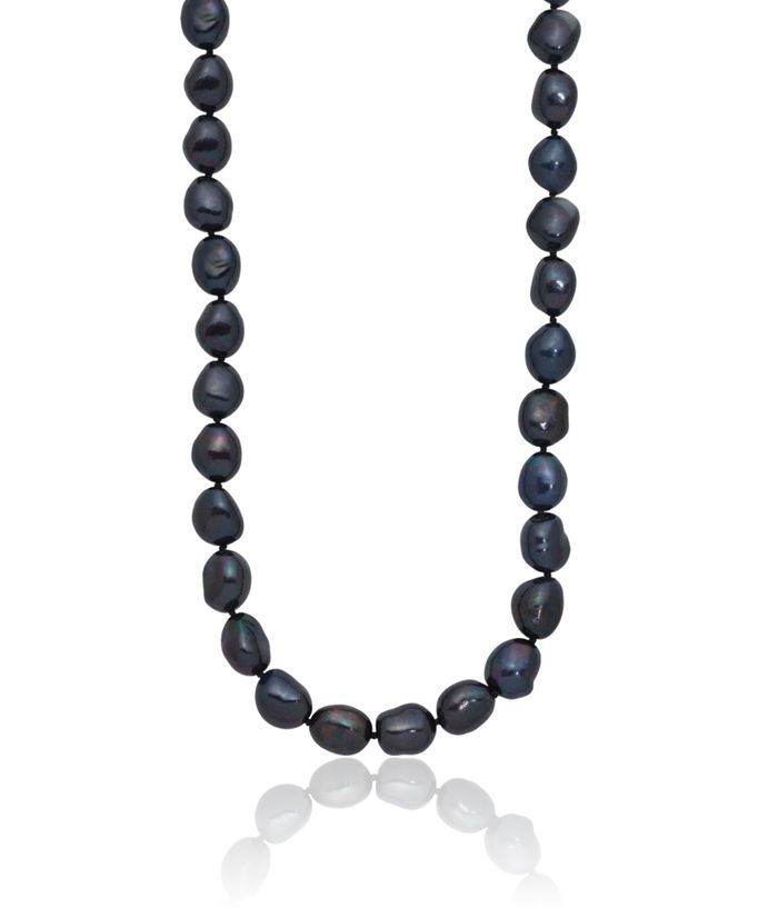 14K Solid White Gold Black Baroque Freshwater Cultured Pearl Necklace Chain