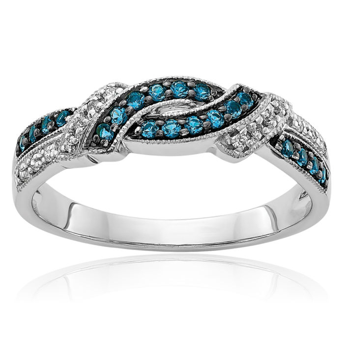 14K Solid White Gold Black Blue Diamond Ring