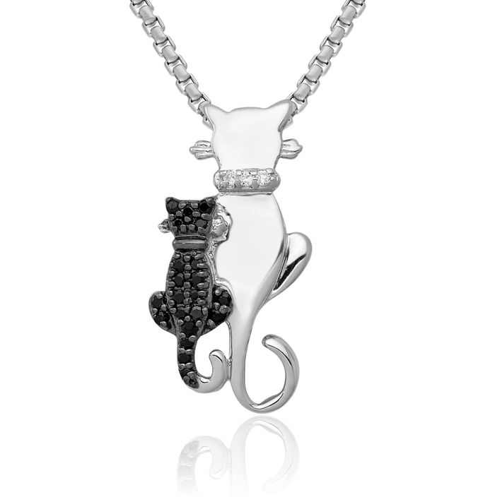 14K Solid White Gold Black Diamond Cats Floating Chain Slide Pendant Necklace Charm