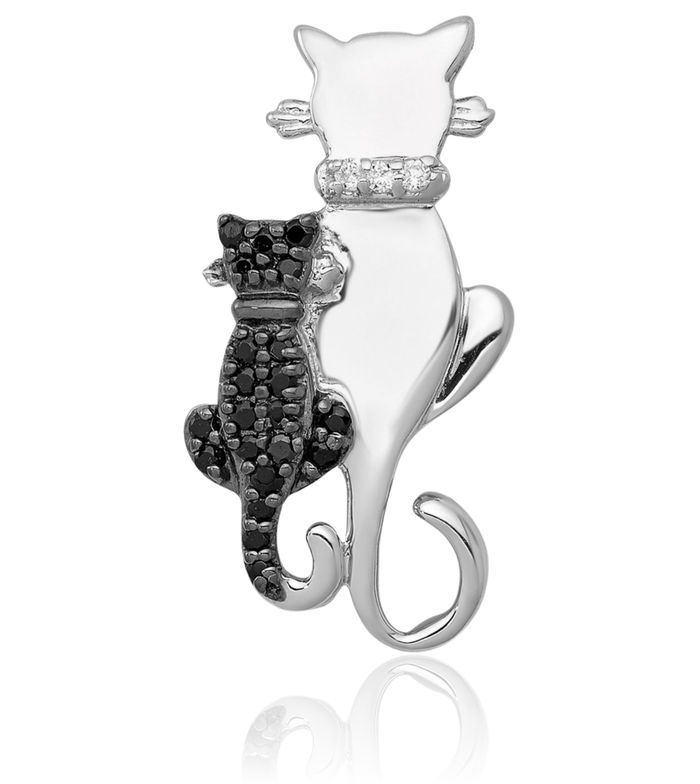 14K Solid White Gold Black Diamond Cats Floating Chain Slide Pendant Necklace Charm