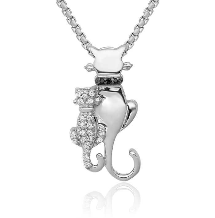 14K Solid White Gold Black Diamond Cats Floating Chain Slide Pendant Necklace Charm