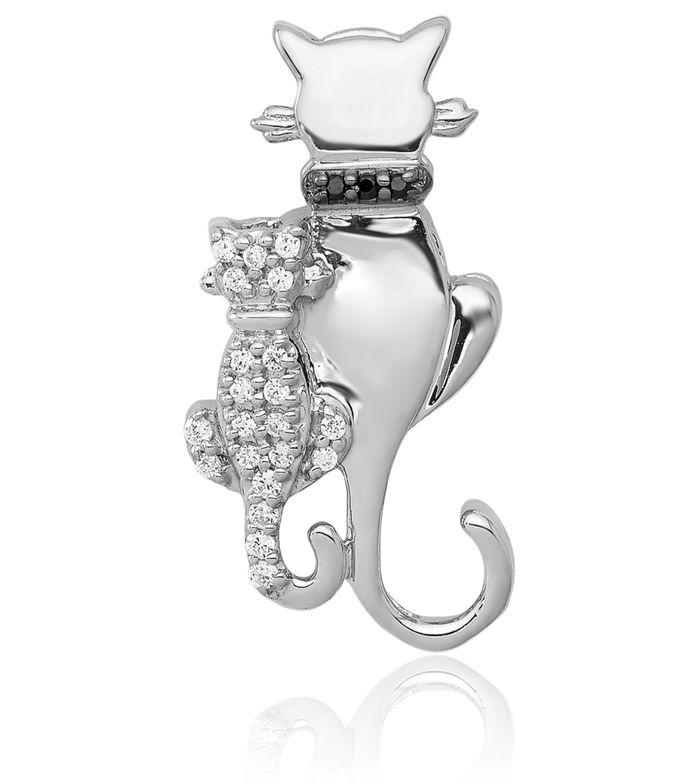 14K Solid White Gold Black Diamond Cats Floating Chain Slide Pendant Necklace Charm