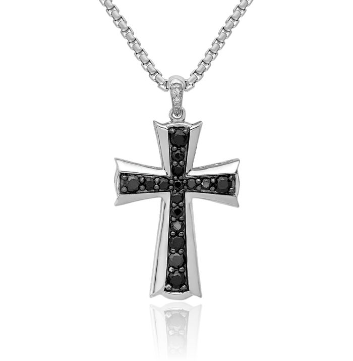 14K Solid White Gold Black Diamond Latin Mexican Holy Cross Necklace Religious Chain Pendant Jesus Christ Charm