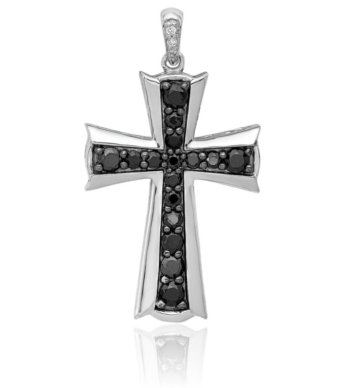 14K Solid White Gold Black Diamond Latin Mexican Holy Cross Necklace Religious Chain Pendant Jesus Christ Charm