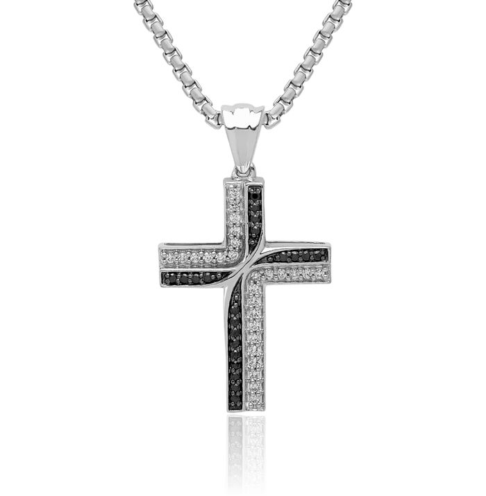 14K Solid White Gold Black Diamond Latin Mexican Holy Cross Necklace Religious Chain Pendant Jesus Christ Charm