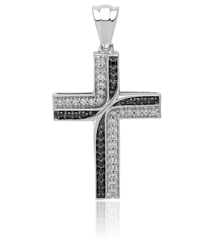 14K Solid White Gold Black Diamond Latin Mexican Holy Cross Necklace Religious Chain Pendant Jesus Christ Charm