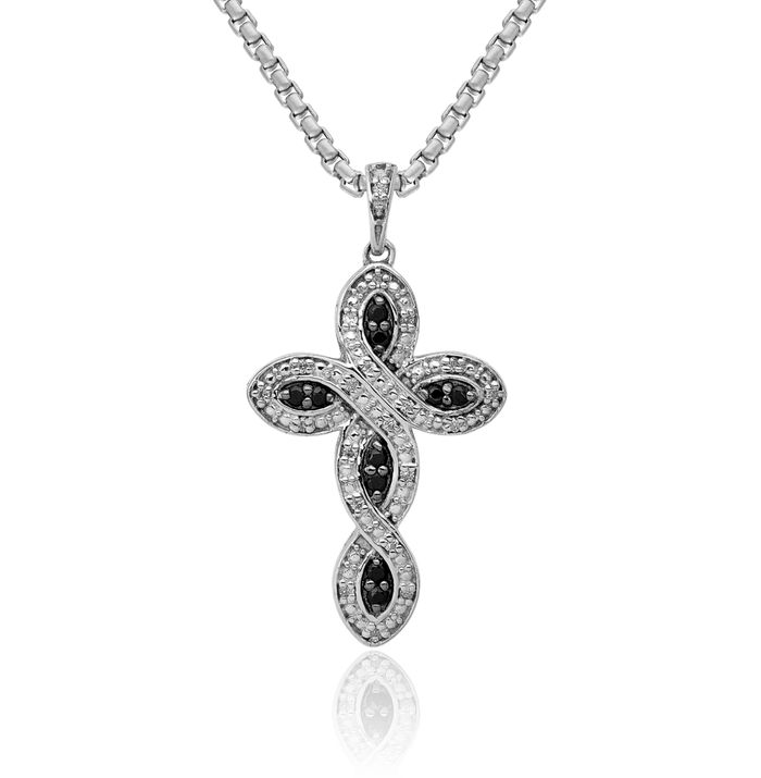 14K Solid White Gold Black Diamond Holy Cross Necklace Religious Chain Pendant Jesus Christ Charm