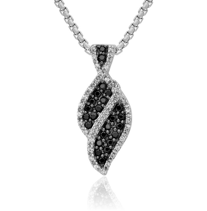 14K Solid White Gold Black Diamond Curve Floating Chain Slide Pendant Necklace Charm