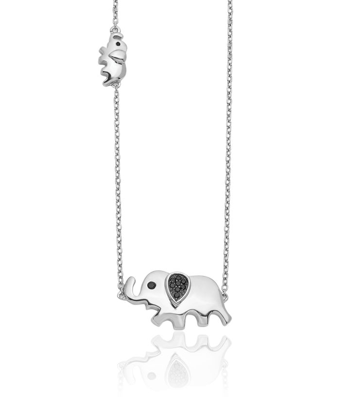 14K Solid White Gold Black Diamond Elephant Necklace Chain