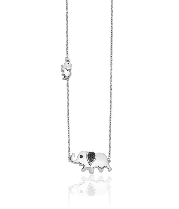 14K Solid White Gold Black Diamond Elephant Necklace Chain