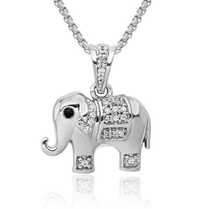 14K Solid White Gold Black Diamond Elephant Necklace Chain Pendant Charm