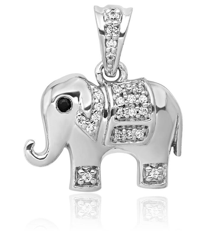 14K Solid White Gold Black Diamond Elephant Necklace Chain Pendant Charm