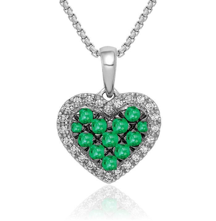 14K Solid White Gold Black Diamond Green Emerald Heart Necklace Gemstone Pendant Charm