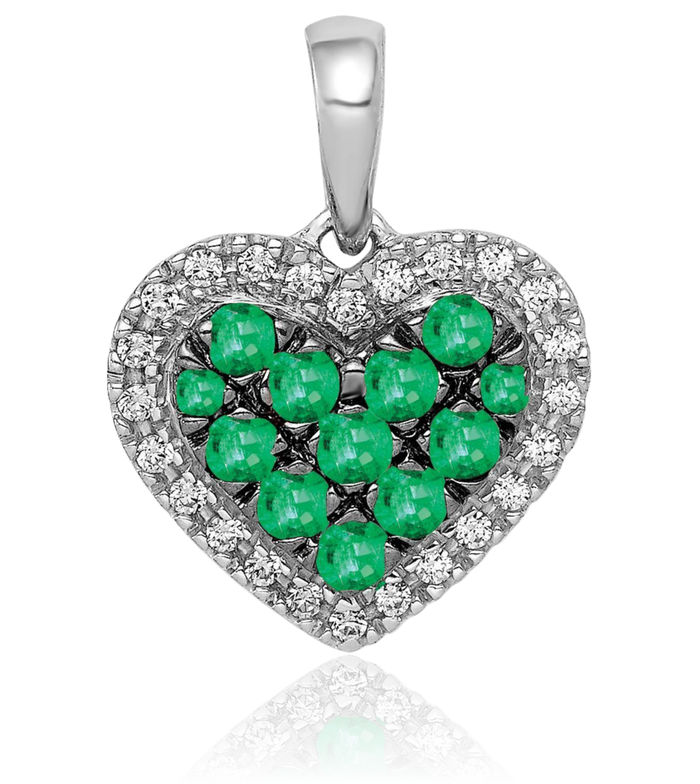 14K Solid White Gold Black Diamond Green Emerald Heart Necklace Gemstone Pendant Charm