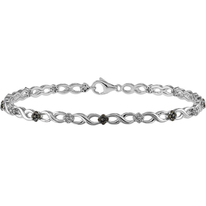 14K Solid White Gold Black Diamond Flower Infinity Twisted Love Knot Symbol Chain Charm Bracelet