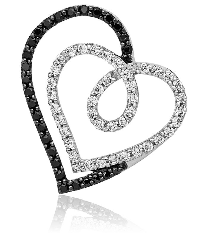 14K Solid White Gold Black Diamond Heart Floating Chain Slide Pendant Necklace Charm