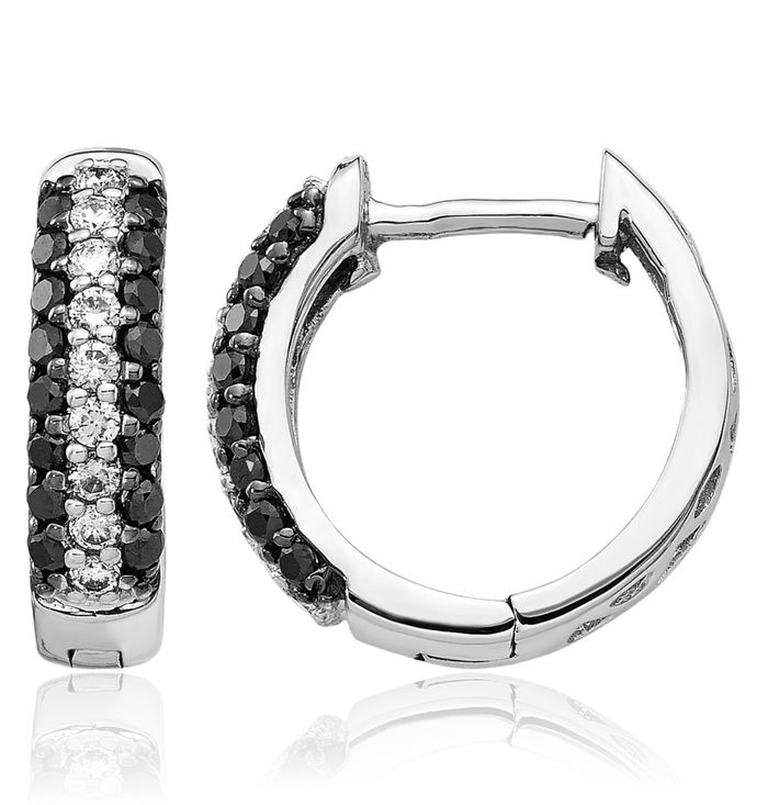 14K Solid White Gold Black Diamond Huggie Small Hoop Earrings