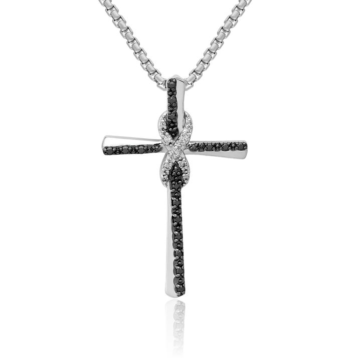 14K Solid White Gold Black Diamond Infinity Twisted Love Knot Symbol Latin Mexican Holy Cross Floating Chain Slide Pendant Necklace Religious Jesus Christ Charm